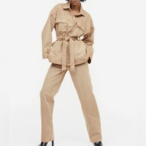 H&M Set Denim Jacket Sz S + Pants Sz 14 Washed Effect Taupe Nwt